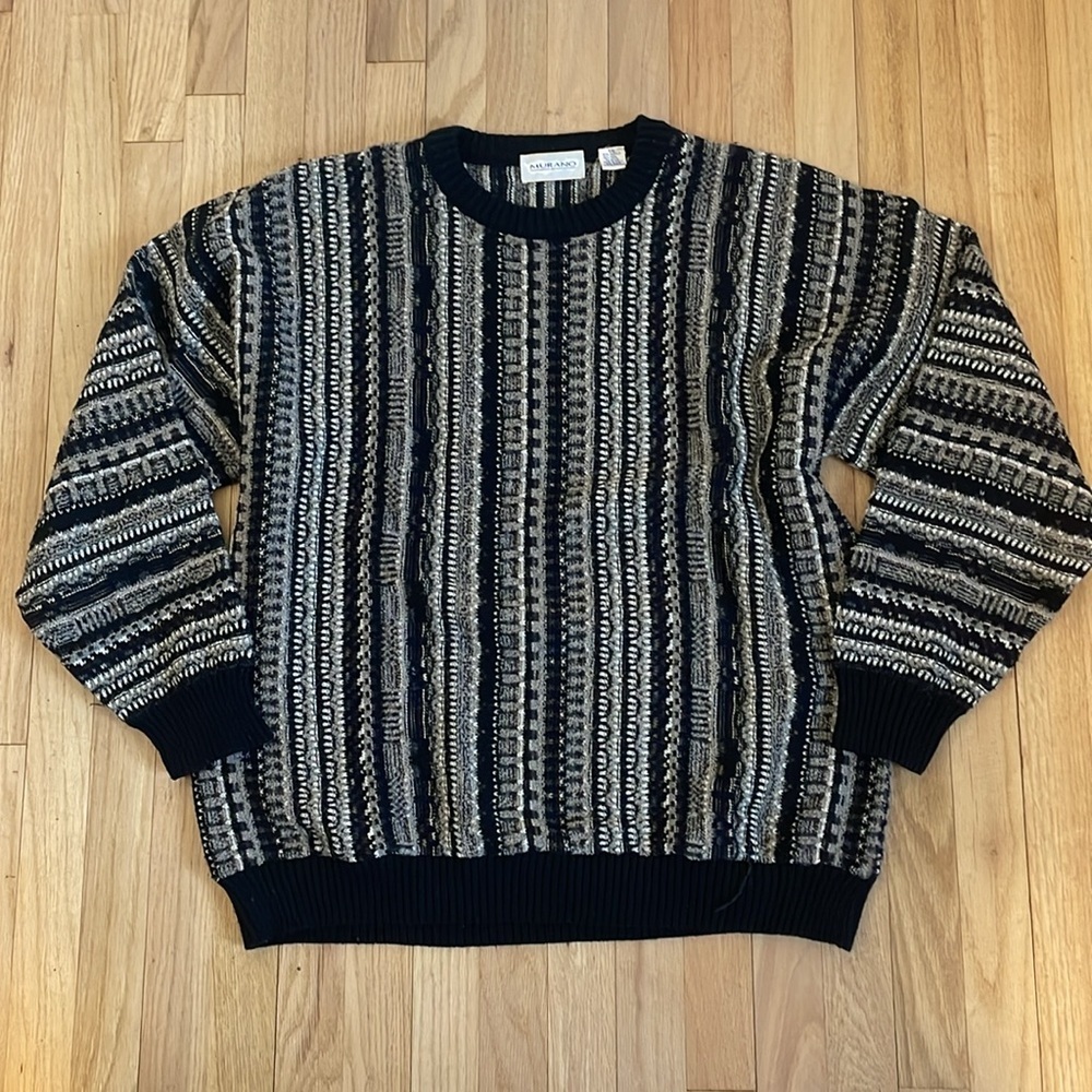 VTG 3D Knit Murano Knit Sweater XXL Black Wool Blend Crew Cosby Pullover Multi